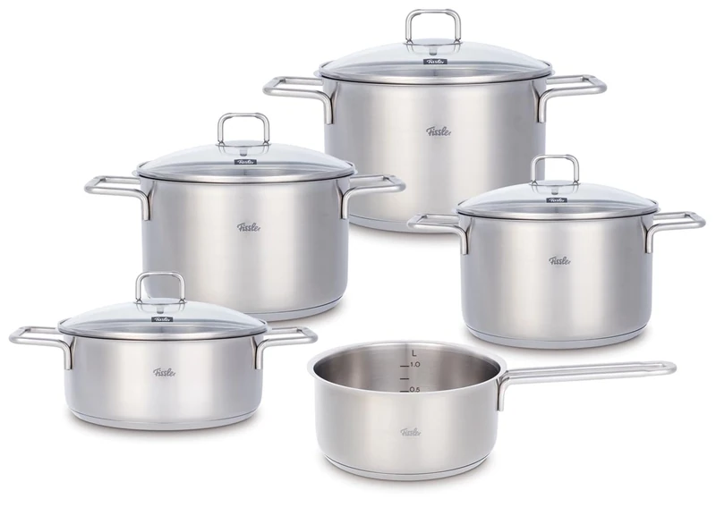 Fissler SatiTherm Stainless Steel Saucepan Set 5 Pieces - Made in Germany, Satin 18/10 Stainless Steel, Glass Lid, Superthermic Base, Measuring Scale, Induction