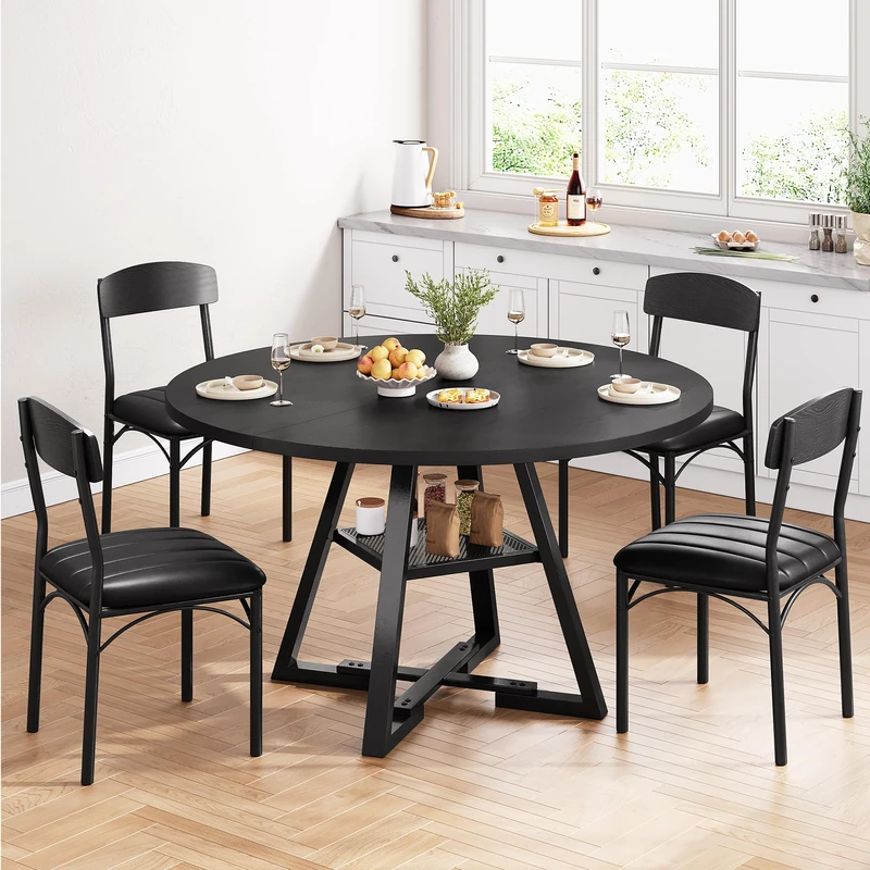 Jocoevol Round Dining Table and 4 Chairs Set of 4-6, Circle Dinner Table with Shelves, Space Saving Wood Kitchen & Dining Room Furniture (Black, 51 inch)