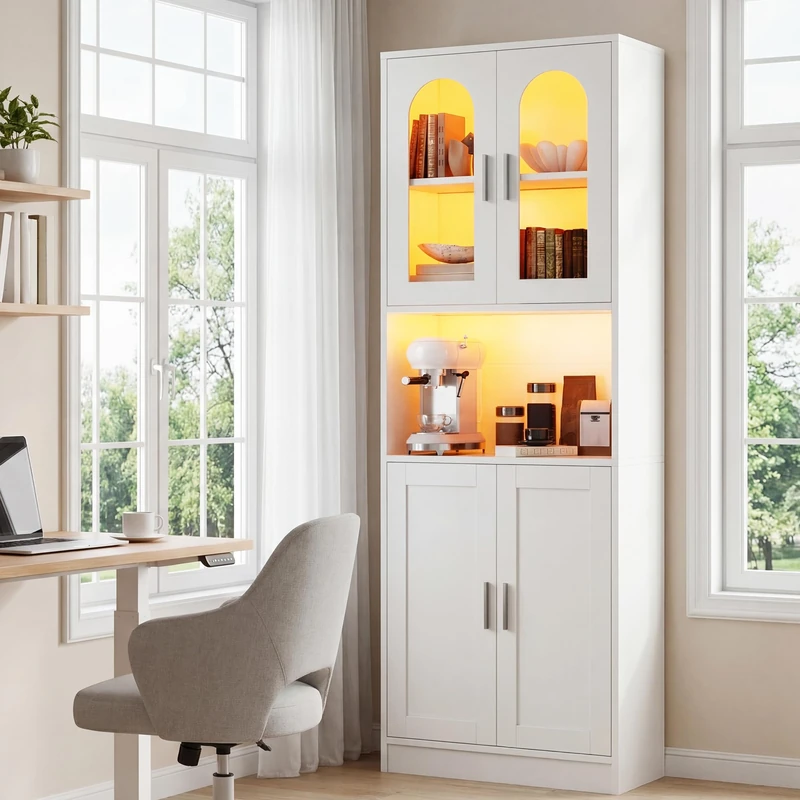 YITAHOIME Tall Bookcase, Wooden White Bookshelf with LED Lights & Adjustable Shelf, Modern Glass Door Bookcase Display Cabinet with Storage for Home, Office, Living Room, White