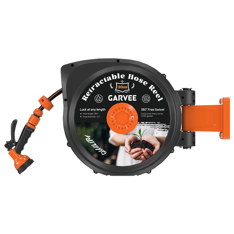 Garden Hose Reels,100 FT Wall Mounted Hose Reel,10 Adjustable Mode Retractable Hose Pipe, 180° Pivot Swivelling,Auto Lock and Rewind Hosepipes for Garden Includes Wall Fixings Fittings and Nozzle