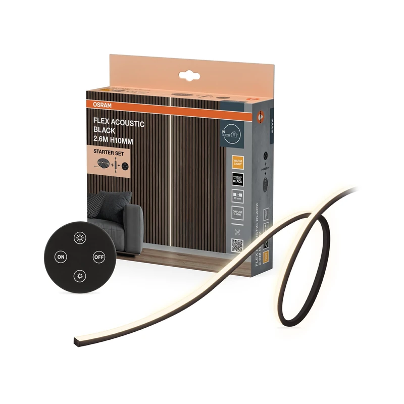 OSRAM Flex Acoustic Black LED Strips, 2.6m, 29W, 208lm, 3000K Warm White, H10mm, Starter Set with Remote Control