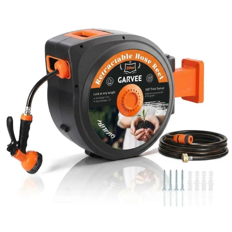 Garden Hose Reels,65 FT Wall Mounted Hose Reel,10 Adjustable Mode Retractable Hose Pipe, 180° Pivot Swivelling,Auto Lock and Rewind Hosepipes for Garden Includes Wall Fixings Fittings and Nozzle