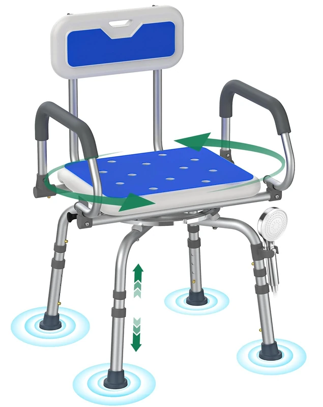 Luckfaith LC04 360° Rotating Shower Stool with Backrest & Folding Armrests - Height Adjustable, Non-Slip Aluminium Shower Stool for Seniors & People with Limited Mobility