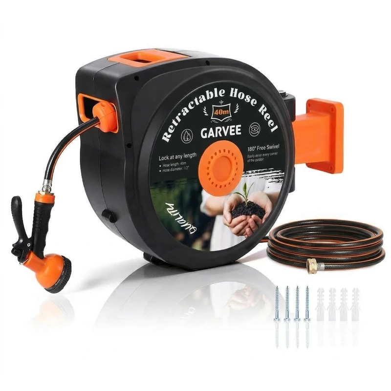 Garden Hose Reels,130 FT Wall Mounted Hose Reel,10 Adjustable Mode Retractable Hose Pipe, 180° Pivot Swivelling,Auto Lock and Rewind Hosepipes for Garden Includes Wall Fixings Fittings and Nozzle