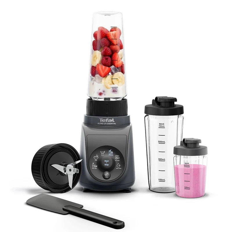 Tefal Blend Up Essential Mini Blender, 800W Powerful Motor & 4 Powerlix Blades, 6 Auto Programmes, Auto Cleaning, 2 Bottles 0.6L & 0.4L BPA-Free Tritan, On-the-go Leakproof Cup, Grey - BL1EJBG0