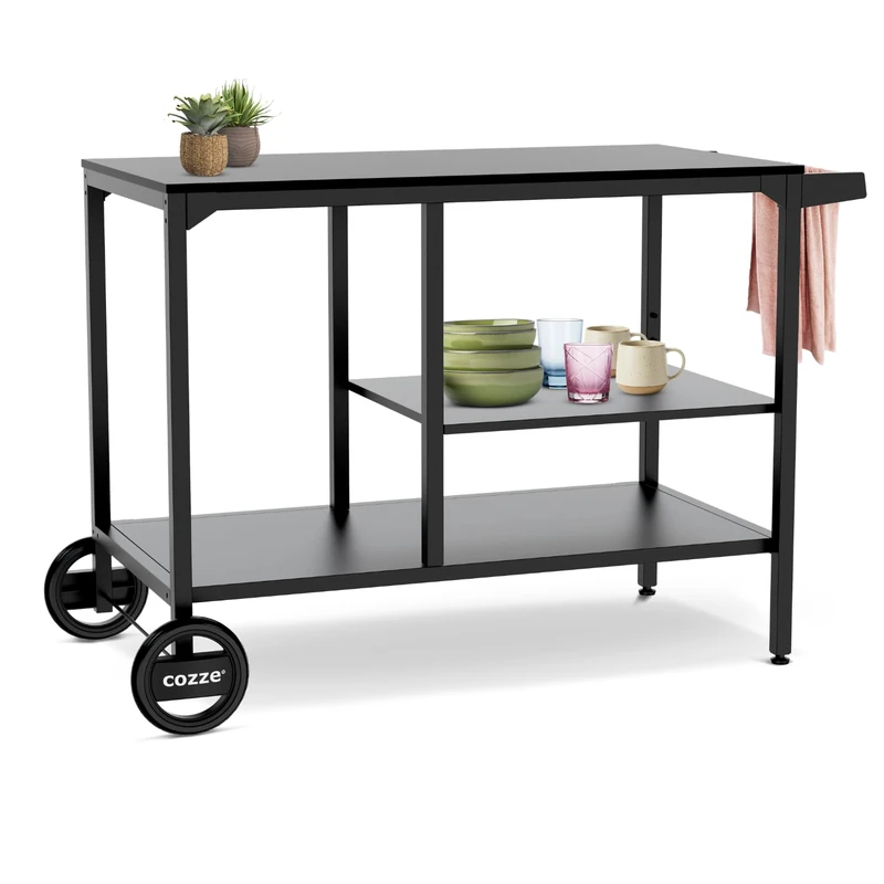 Cozze® BBQ Station Outdoor BBQ Trolley 115 cm, Galvanised Powder-Coated Steel Prep Table, Adjustable Shelf (3 Levels) for Pizza Oven, Large Wheels, Adjustable Legs, Max Load 100 kg