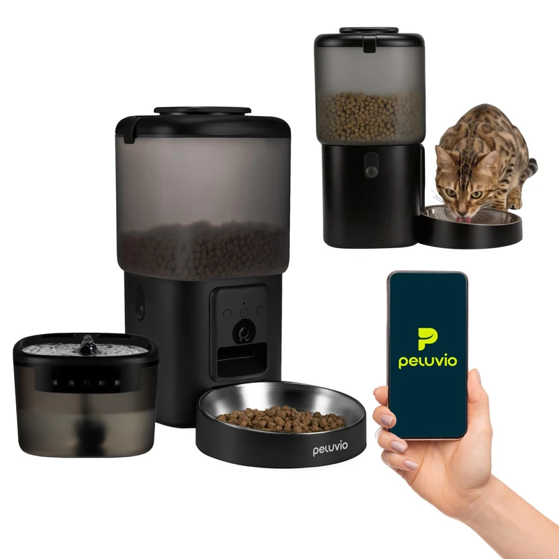 Peluvio Feast Automatic Cat Feeder 4,5l and Water Fountain 2,5l Set with Camera, WiFi App Control for Daily Portions for Dry Food, Stainless Steel Bowl, Filtered Cat Water Fountain, Backup Battery