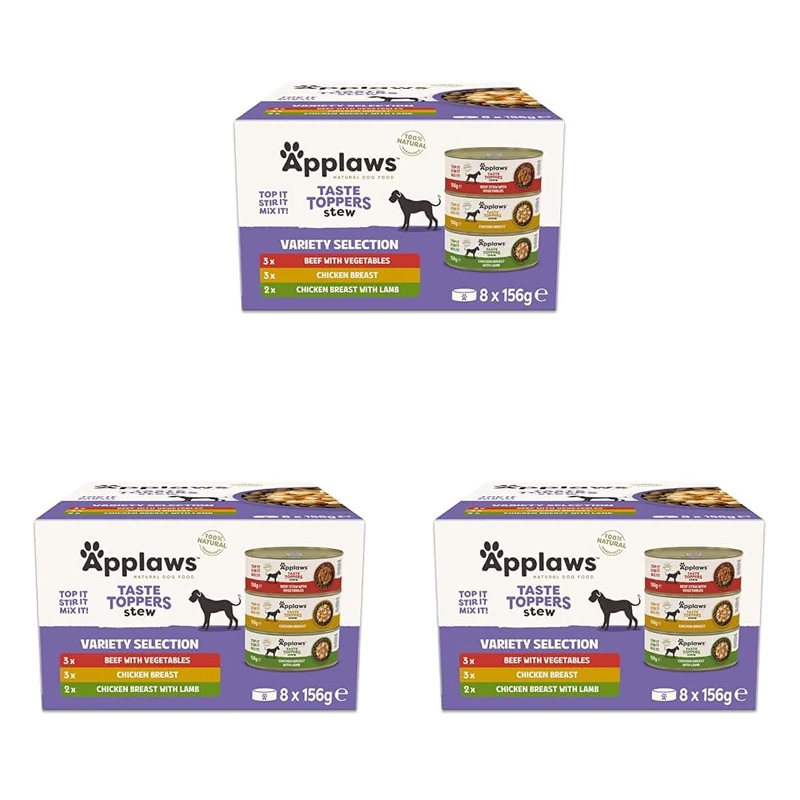 Applaws 100% Natural Wet Dog Food Tin, Grain Free Meat Selection with Vegetables in Stew Tin 8 x 156g Tins (Pack of 3)