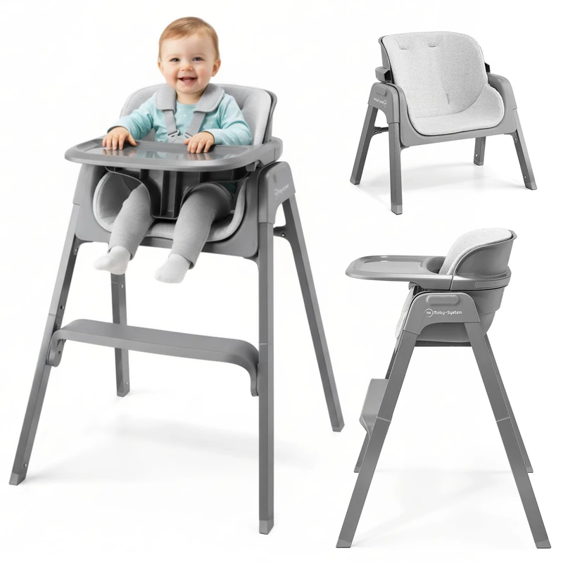 Moby-System Noxi 3-in-1 Folding High Chair for Babies and Toddlers, 2 Height Levels, Grey, with Tray and Safety Belt