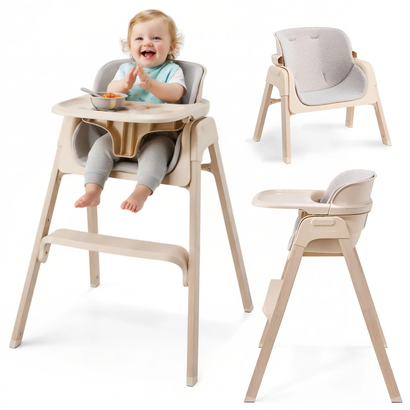 Moby-System Lumo 3 in 1 Baby Dining Chair Beige, Folding High Chair with Removable Tray and Footrest, High and Low Dining Chair for Baby and Toddler, Compact and Stable Chair for Home