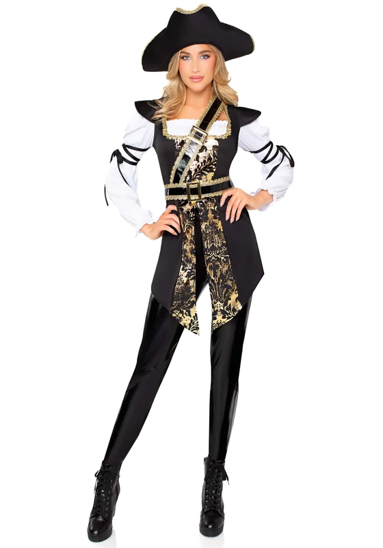 Leg Avenue Buccaneer Babe Pirate Tunic Costume for Women – Size L – Black & Gold - Image 1