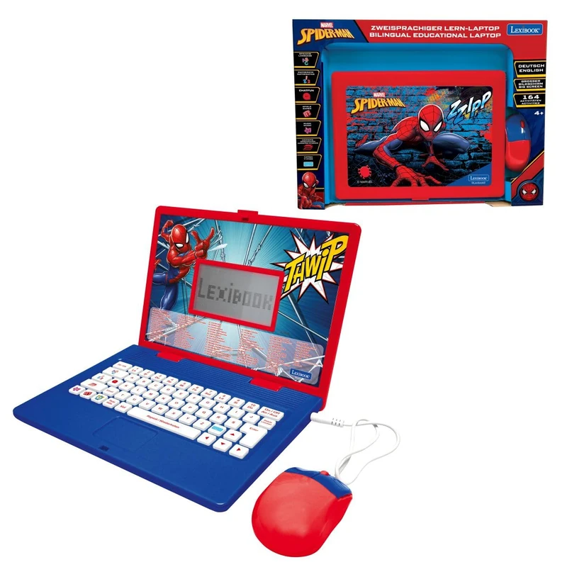 Lexibook, Marvel Spiderman, Bilingual Educational Laptop English and German, 164 Activities, Maths, Logic Games, Music Mode, LCD Screen, Spiderman Design, Red/Blue, JC601SPi3LXB