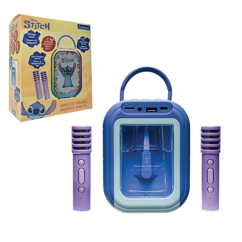 Lexibook, Stitch Bluetooth Karaoke Machine with 2 Wireless Microphones, Built‑In Rechargeable Battery, Bluetooth Connectivity, Portable Design, Blue, BTC030DLXB