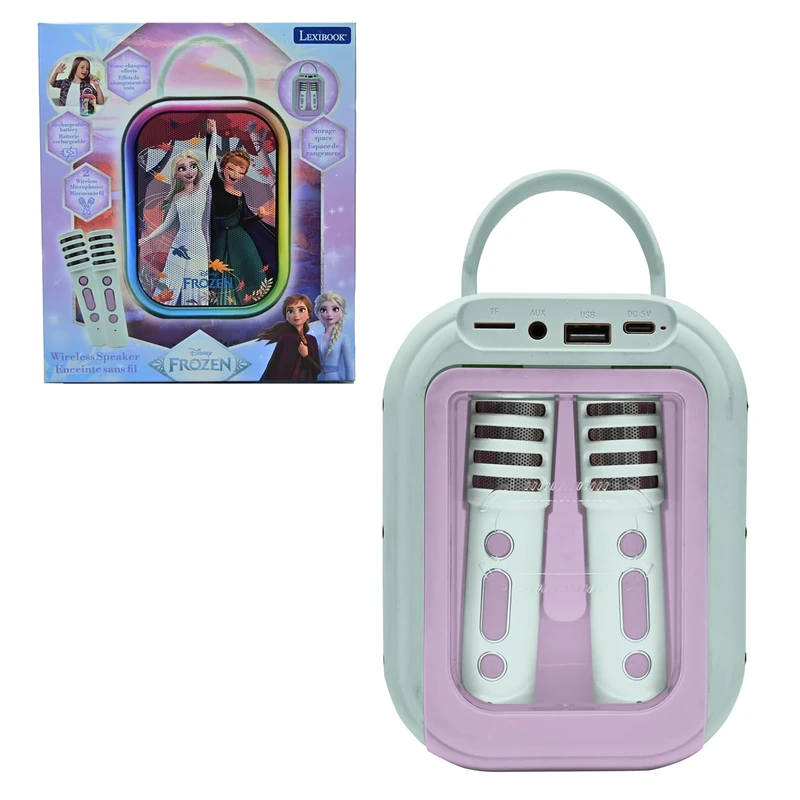 Lexibook, Disney Frozen, Bluetooth Karaoke Machine with 2 Wireless Microphones, Built‑In Rechargeable Battery, Bluetooth Connectivity, Portable Design, Light purple/Light green, BTC030FZLXB