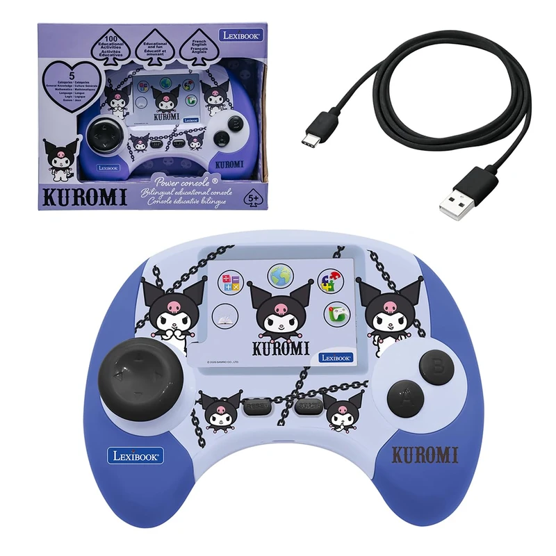 Lexibook, Power Console Kuromi Educational Handheld Talking Console, 2.8" Colour LCD Screen, 100 Bilingual Activities, French & English, Rechargeable Battery, Learning Games, Blue, JCG100HK1i1LXB