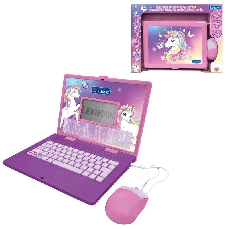Lexibook, Unicorn Bilingual Educational Laptop with 164 Activities, English/Spanish Learning, Mathematics, Logic, Music, Realistic Keyboard & Mouse, Slim Design, Pink/Purple, JC601UNIi2LXB