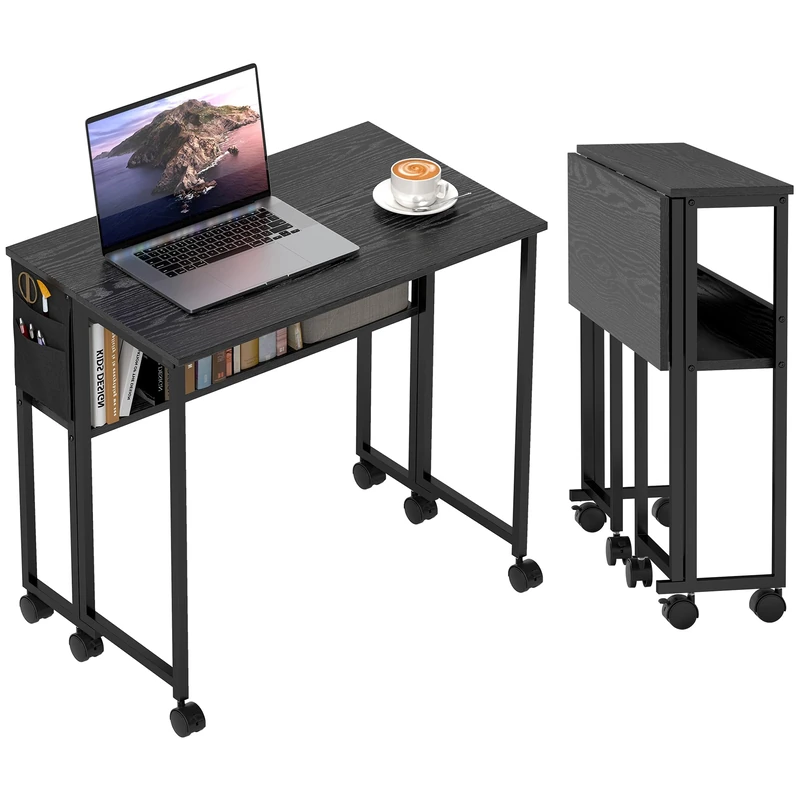 HOMCOM Folding Desk with Storage Shelf and Bag 80 cm Black