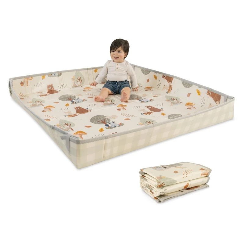 Infantino Foldable Soft Foam Mat, Baby Play Mat, Extra Large, Double-Sided Cushioned Portable, Fold-Up Sides, Non Slip Crawling for Infants & Toddlers, Woodland