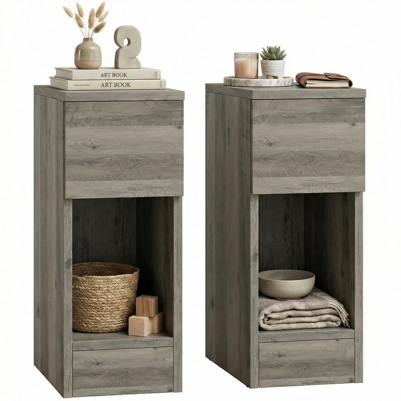 HOMCOM Bedside Tables Set of 2, Modern Side Tables with Drawer and Shelf, Nightstands for Bedroom, Living Room, Grey