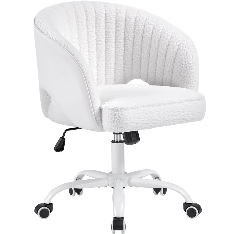 Yaheetech Boucle Vanity Desk Chair Home Office Swivel Chair with Tufted Barrel Back Adjustable Seat Height for Living Room, Studio, Bedroom White