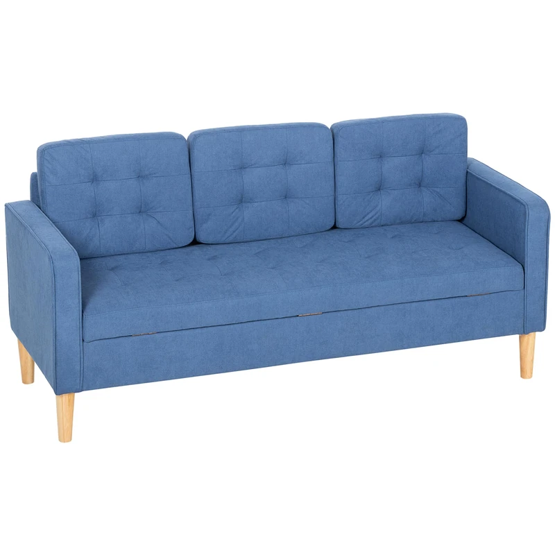 HOMCOM Modern 3 Seater Sofa with Hidden Storage, 169cm Tufted Snow Flannel Couch with Wood Legs, Compact Sofa for Living Room, Blue