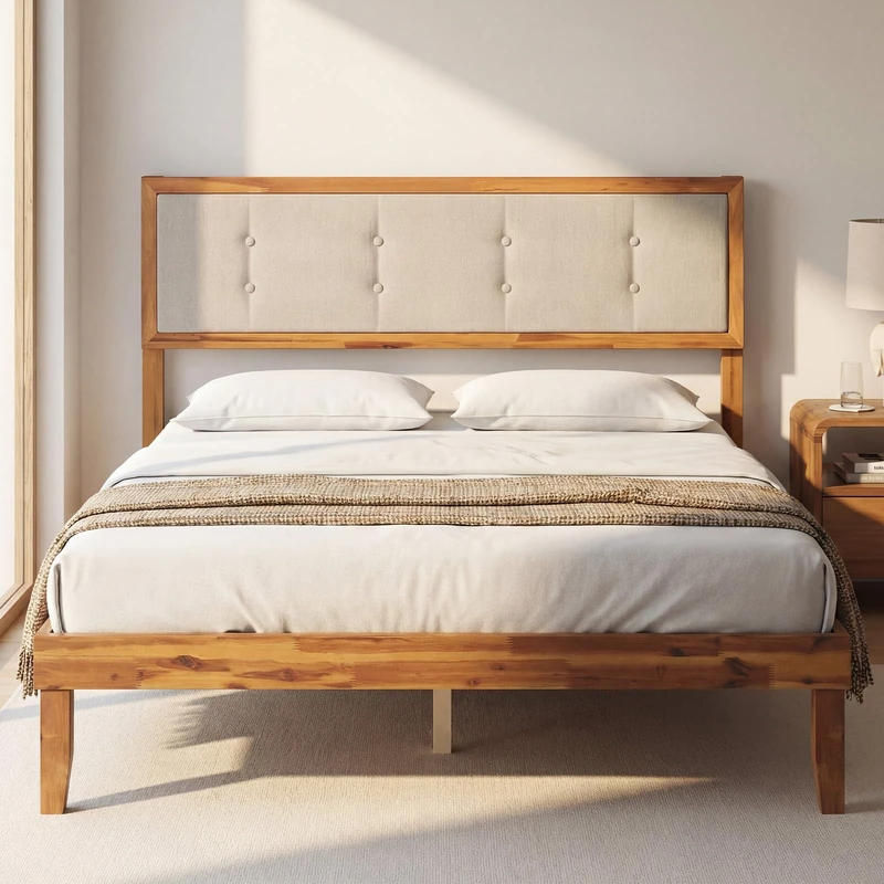 RELAX4LIFE 4FT6/5FT Solid Wood Bed Frame, Upholstered Wooden Slats Support Platform Bedstead with Headboard and 22cm Underbed Storage, Modern Bed Base Mattress Foundation (Double)