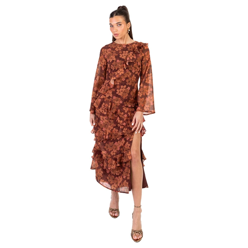 Anaya with Love Women's Midaxi Dress Ladies Round Neck Long Bell Sleeve Floral Print Ruffle Thigh Split Keyhole Back Evening Occasion, Rust Orange 12