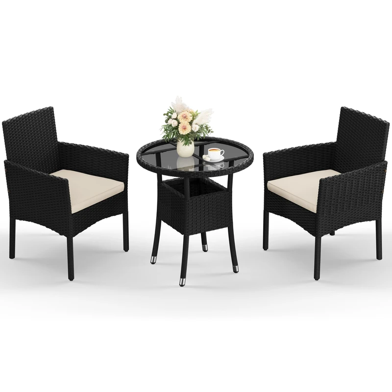 Yaheetech 3-Pieces Garden Conversation Set, Woven PE Rattan Chairs with Cushion & 1 Tempered-Glass Side Table for Bistro, Porch, Garden, Courtyard, Deck, Black & Beige