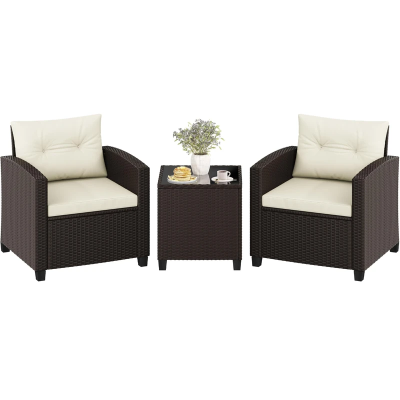 Yaheetech 3-Pieces Wicker Patio Bistro Sofa Set, Outdoor Rattan Coffee Table & 2 Chairs with Cushions & Pillows for Deck, Balcony, Porch, Brown & Beige