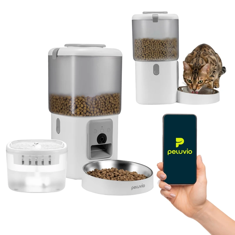 Peluvio Feast Automatic Cat Feeder 4,5l and Water Fountain 2,5l Set with Camera, WiFi App Control for Daily Portions for Dry Food, Stainless Steel Bowl, Filtered Cat Water Fountain, Backup Battery - Image 1