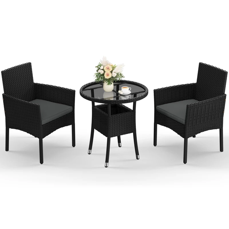 Yaheetech 3-Pieces Garden Conversation Set, Woven PE Rattan Chairs with Cushion & 1 Tempered-Glass Side Table for Bistro, Porch, Garden, Courtyard, Deck, Black & Grey