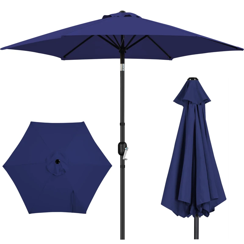 Yaheetech 2.7M Round Garden Parasol Umbrella Outdoor Sun Shade with Tilt & Crank Handle for Patio, Balcony, Deck, Pool and Beach - Navy Blue