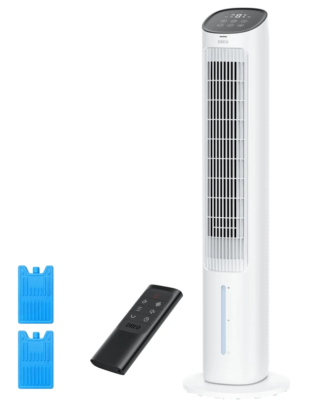 DREO 40“ Evaporative Air Cooler, 35dB Silent Cooling Fan that Blow Cold Air, 80° Oscillating Bladeless Tower Fan for Bedroom, Removable Water Tank, Ice Packs, Remote Control, 4 Speed, 7H Timer, White