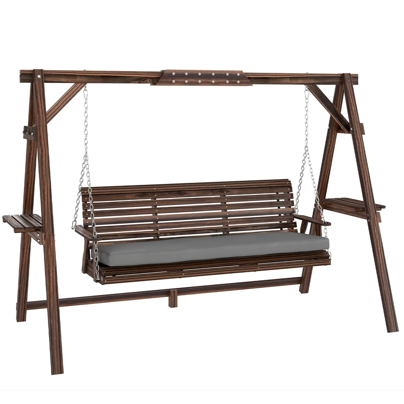Outsunny 3 Seater Garden Swing Seat, Wooden Swing Chair Bench with Cushion, Side Trays and Metal Chains, for Outdoor Porch Patio, Carbonised Brown - Image 1