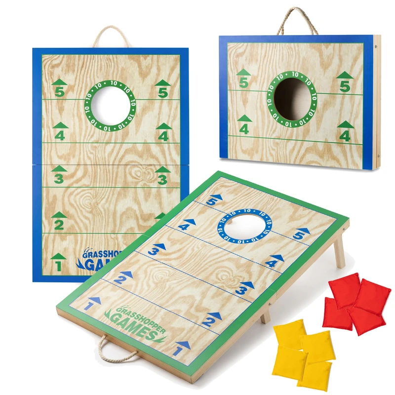 Grasshopper Games Cornhole Set, FSC Wooden Folding Boards with Carry Handles, Bean Bag Toss Game with 8 Bags, Family Outdoor Garden Game for All Ages
