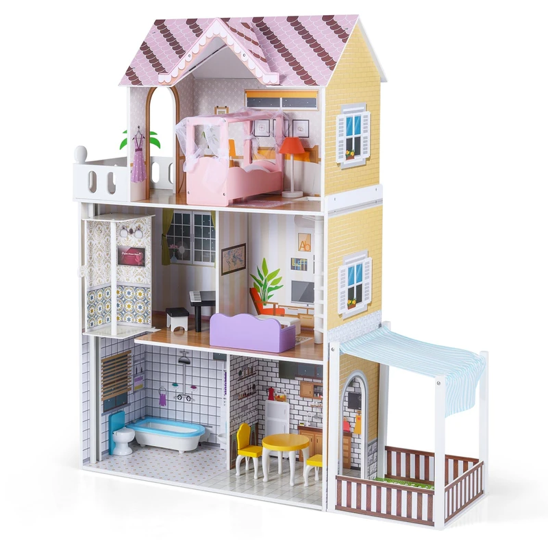 FANTASK Wooden Dollhouse from 3 Years, 3 Floors Dollhouse with Balcony, Terrace and 16 Furniture, Large Dream Villa for Girls and Boys, 102 x 34 x 120.5 cm - Image 1