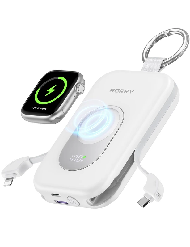 RORRY Portable Charger, 20000mAh PD 30W Portable Charger Power Bank with 2 Built-in Cables, Super Fast Charging Battery Pack with Keychain, Travel Essentials for iPhone, Apple Watch, iPad, White - Image 1