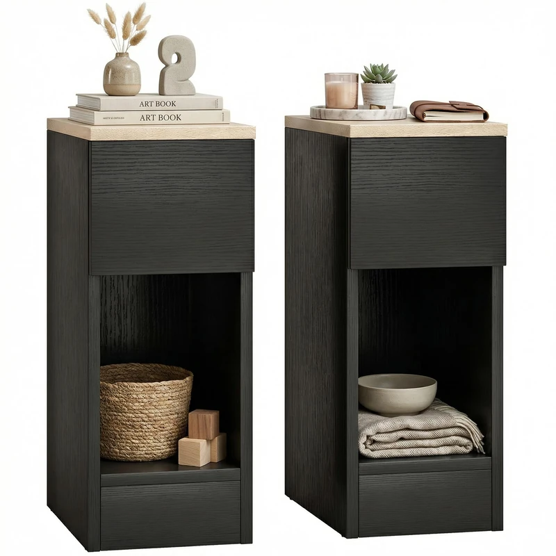 HOMCOM Bedside Tables Set of 2, Modern Side Tables with Drawer and Shelf, Nightstands for Bedroom, Living Room, Black