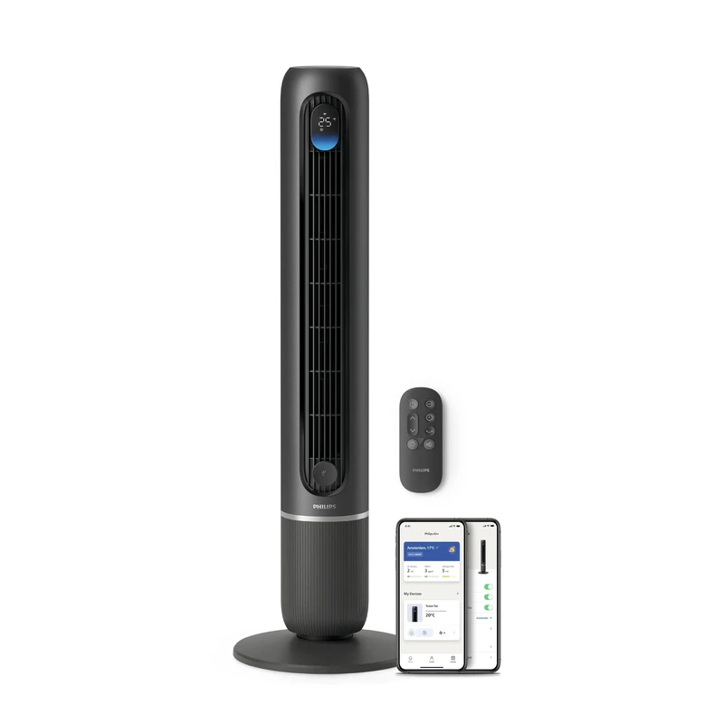 Philips Smart Tower Fan 7000 Series. Powerful 8.4m/s, ultra-quiet 22dB, SilentWings technology, 30W, sleep mode, 12 speeds, temperature display, 12h timer, 80° oscillation, aromatherapy (CX7550/01)