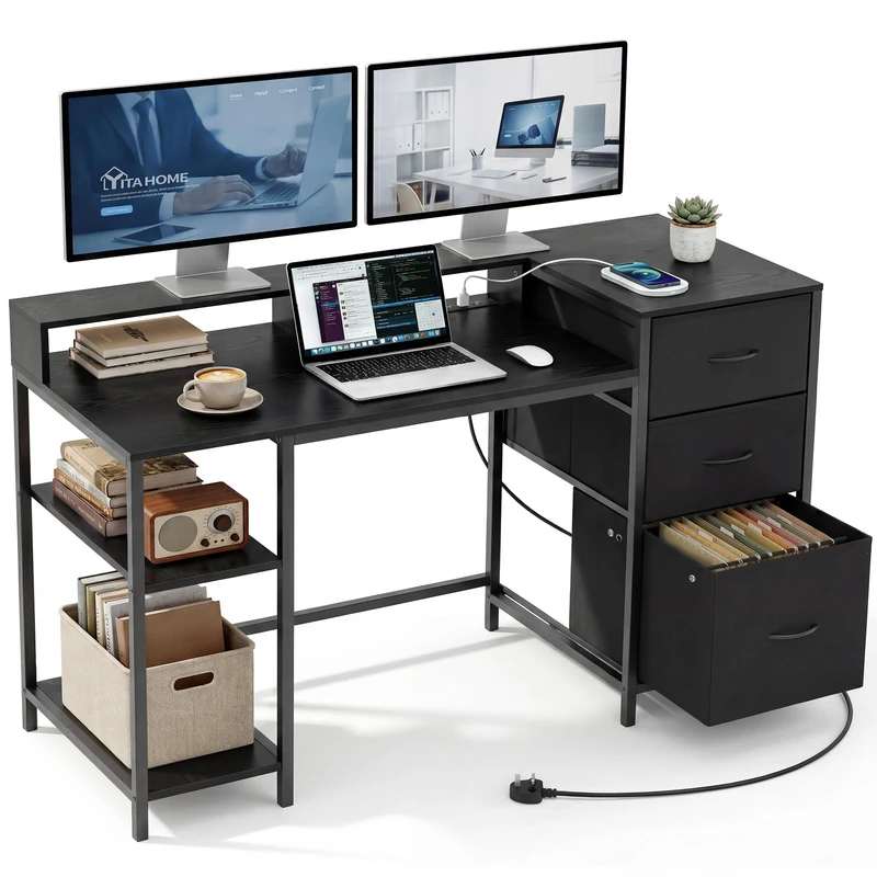 YITAHOME Computer Desk with Drawers Power Outlet, Home Office Desk with 2 Sockets & USB Ports, Computer Table with Storage & Shelves, Study Table Corner Desk with File Drawer, Black