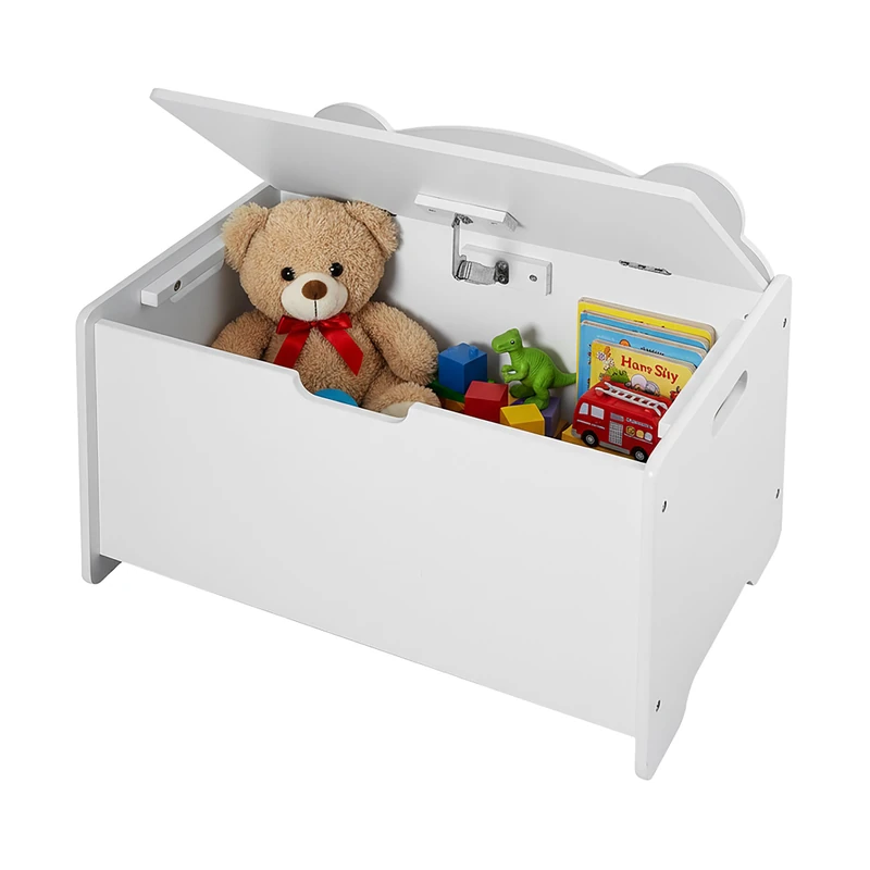Relaxdays Toy Chest with Bear Silhouette, Lid, MDF, Children's Room, 48x60x38 cm, White