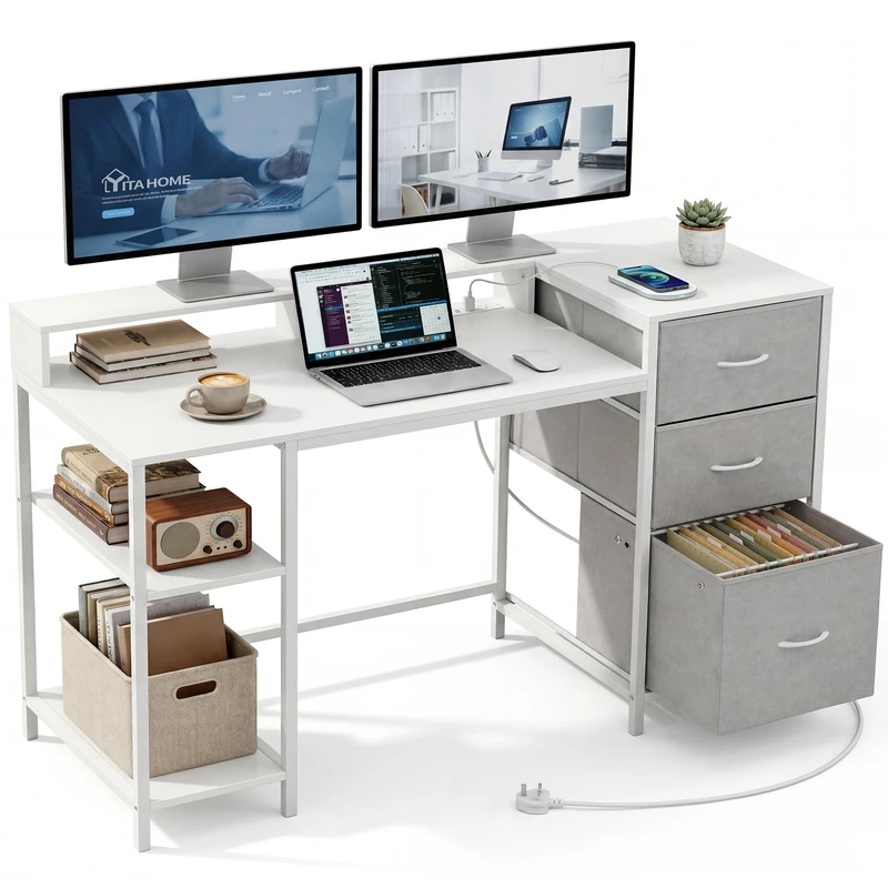 YITAHOME Computer Desk with Drawers Power Outlet, Home Office Desk with 2 Sockets & USB Ports, Computer Table with Storage & Shelves, Study Table Corner Desk with File Drawer, White