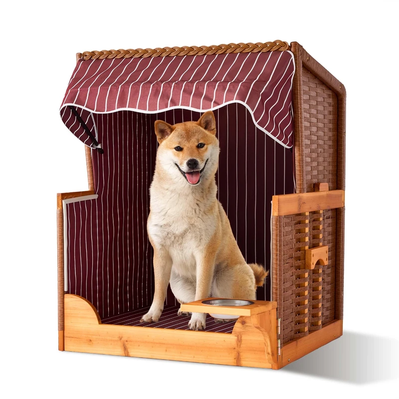 Relaxdays Dog Beach Chair with Rattan Frame, Canopy, Bowl, Garden & Terrace, Dark Red, 95x75x65 cm - Image 1