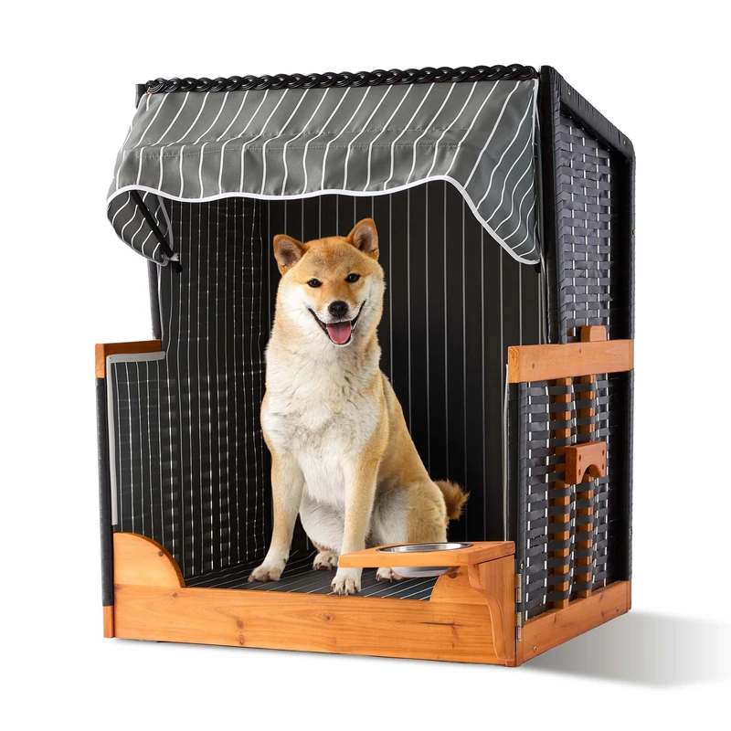 Relaxdays Dog Beach Chair with Canopy & Bowl, Rattan, 95x75x65 cm, Garden & Patio, Grey - Image 1