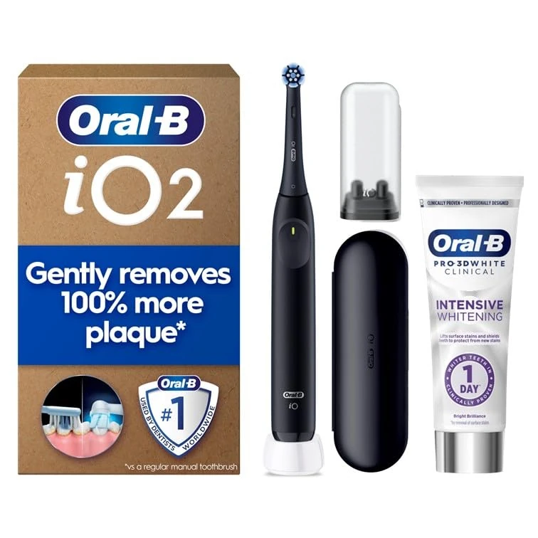 Oral-B iO2 Black Electric Toothbrush + Oral-B Pro 3D White Clinical Intensive Whitening Radiant White Toothpaste 75ml Clean & Whiten Bundle
