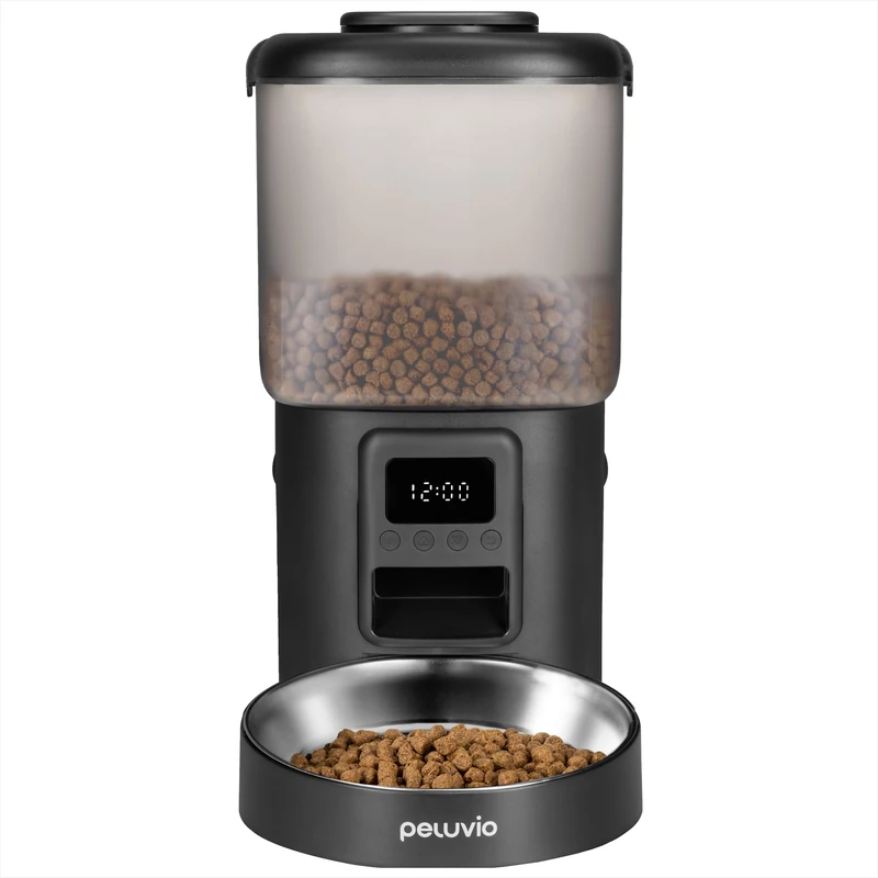 Peluvio Crispy Automatic Dog Feeder with Timer, Up to 4 Meals, Emergency Power with Battery, USB-C, LCD Display, Stainless Steel Bowl, 4.5 L for Dry Food 5-15 mm
