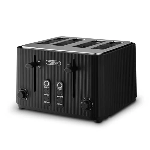 Tower ECOFORM 900W 4 Slice Toaster, Made from Recycled Plastic, 6 Browning Levels, Independent Dial Controls, Defrost/Reheat/Cancel Functions, Self-Centring Function, Black, T20103BLK