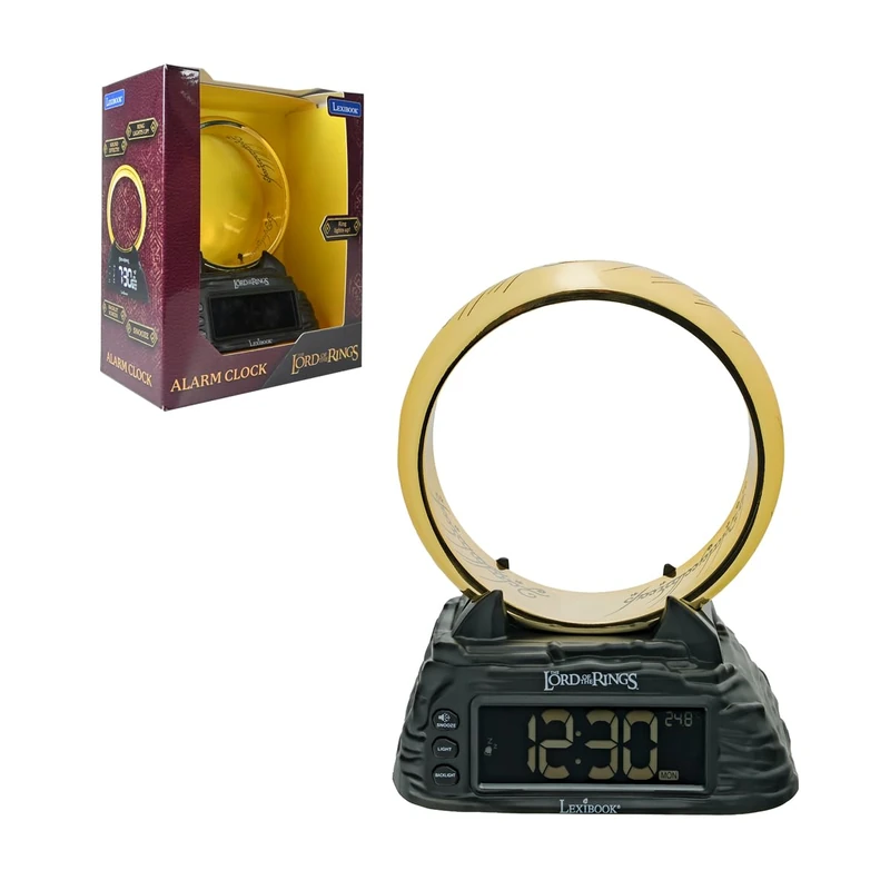 LEXIBOOK, The Lord of the Rings Digital Alarm Clock, One Ring Lighting Nightlight, Backlit LCD Display, 6 Sound Effects, 6 Ringtones, Rechargeable Battery, Snooze, Gold/Black, RL805LRLXB
