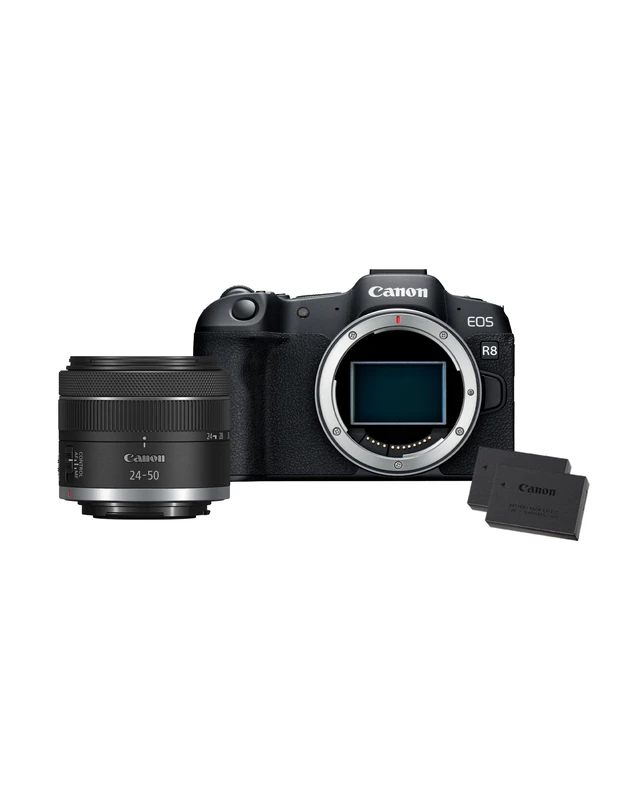 Canon EOS R8 + RF 24-50mm Additional Battery Kit (x2 Batteries) - Mirrorless Digital Camera - 24.2 MP Full-Frame CMOS Sensor - Dual Pixel CMOS AF II - UVC/UAC Compatible