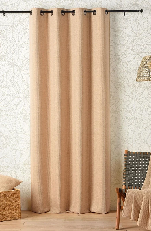 Linder Natural CBD Curtain - Woven and Dyed in France - Chevron Motif - Natural Style - Golden Yellow Colour - Gun Eyelets 140 x 260 cm 51% Cotton 28% Polyester 21% Linen - Relax Collection - Image 1
